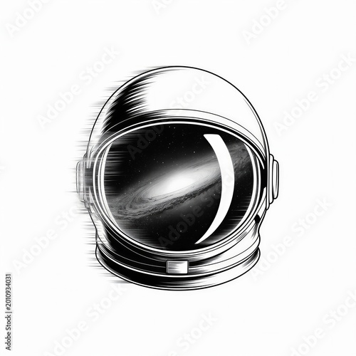 Realistic pencil drawing of an astronaut helmet with a galaxy reflection and analog glitch effect