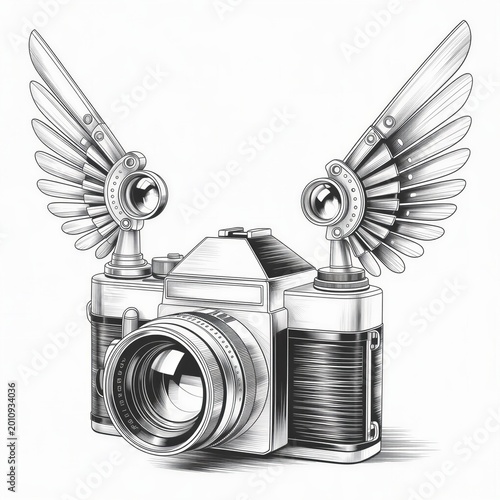 Artistic pencil sketch of a classic analog film camera with ornate mechanical wings