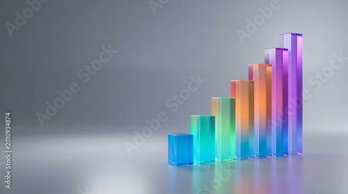 Vibrant gradient glass bar chart displaying progressive growth with increasing height and colorful translucent bars on a minimalist grey studio background, symbolizing financial success Free Download Vibrant gradient glass bar chart displaying progressive growth with increasing height and colorful translucent bars on a minimalist grey studio background, symbolizing financial success - GFXLoad