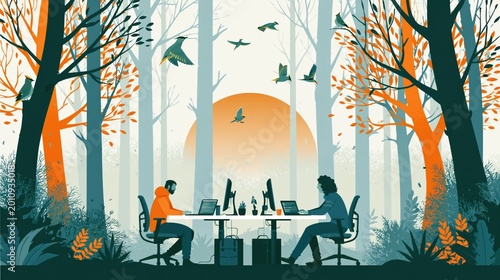 Two remote workers on computers in an autumn forest landscape.