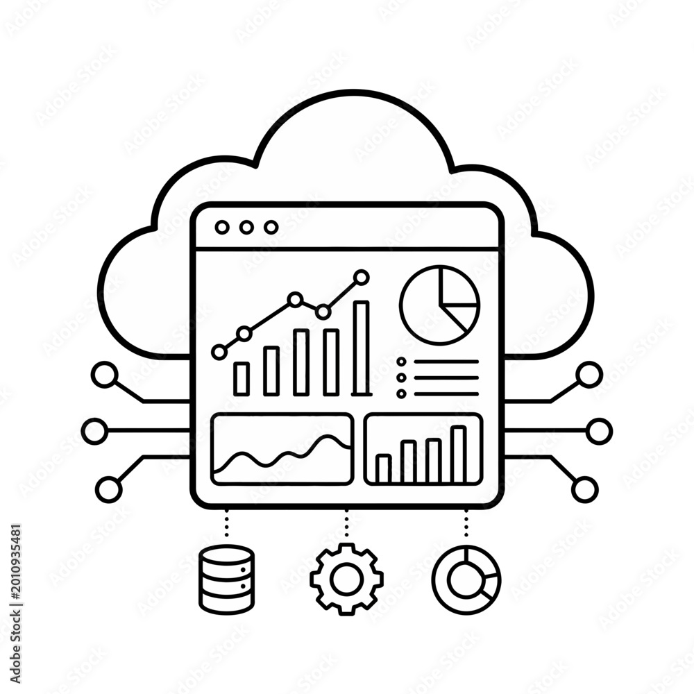 Obraz premium Cloud Computing Data Analytics and Technology Icons Featuring Graphs and Charts