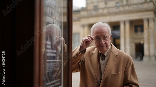 Distinguished emeritus professor thoughtfully adjusting his glasses as he pauses to warmly acknowledge a former student.