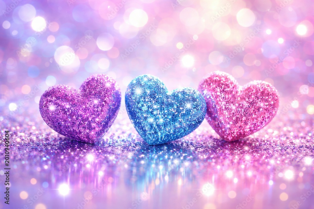 Fototapeta premium Sparkling colorful heart shapes on glitter background festive love romantic celebration bright