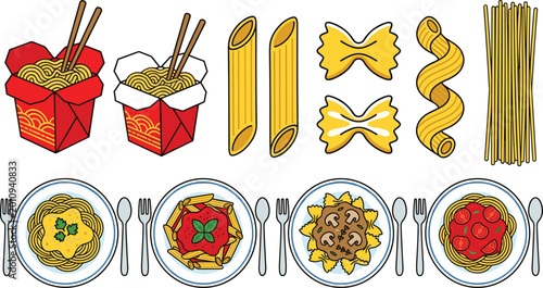 Foto Illustration Set of Different Types of Pasta and Noodles with Plates, Forks, and