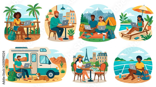 Tableau sur toile Diverse people working remotely in various scenic locations around the world