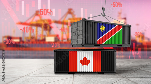 Tableau sur toile Trade Dynamics: A visual depiction of the interaction between two countries' trade, with shipping containers representing exports, imports, and market fluctuations