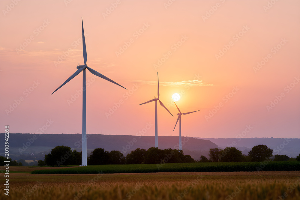 Fototapeta premium Renewable Energy Wind Turbines In Field At Sunset