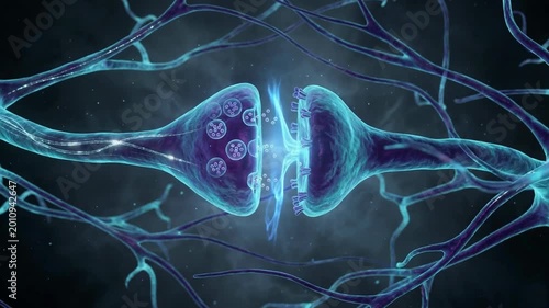 Scientific detailed visualization of brain neurons at the synaptic cleft showing electrical pulses and neurotransmitter release in a dark blue space