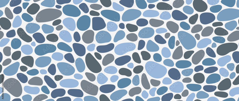 Obraz premium Blue grey pebble stone seamless pattern. Repeated smooth cobblestone background. Rounded stone sidewalk paved texture. Sea or river beach rock repeating wallpaper. Vector landscaping pavement backdrop