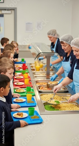 School Cafeteria Lunchtime - Children Selecting Food and Beverages.