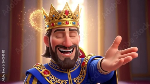 Animated King Wearing Gold Crown Smiling.