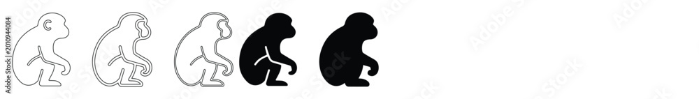 Obraz premium Minimalist monkey icon set, black and white primate silhouettes, simple line art ape vector illustrations for logo design and web UI