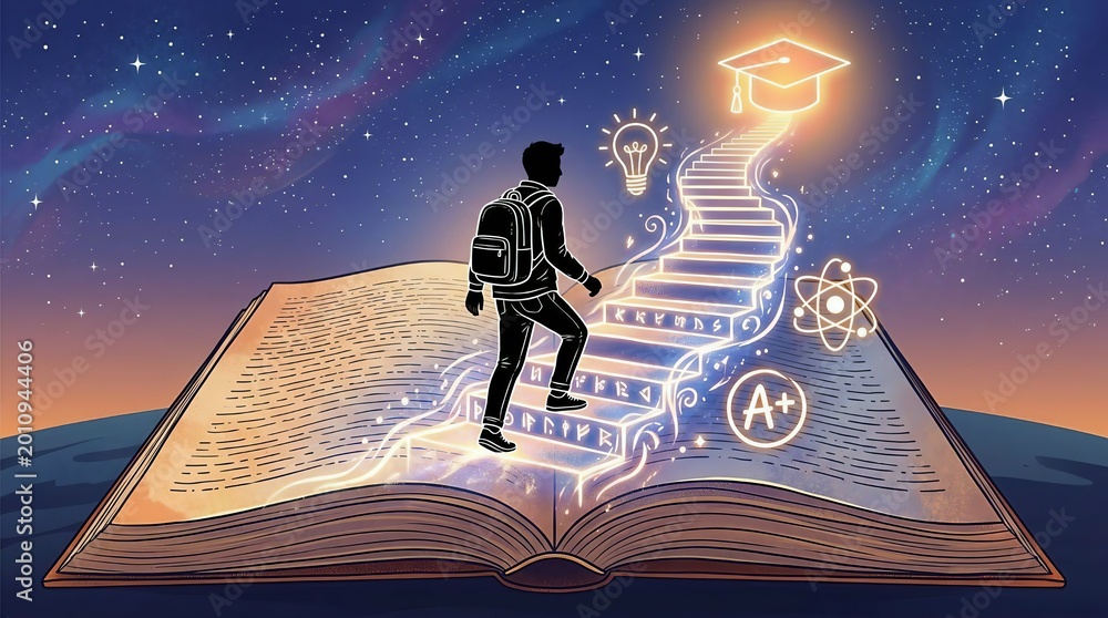 Fototapeta premium Education Journey Concept: Student Climbing Glowing Stairs from Book to Graduation