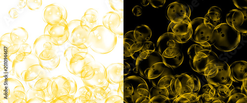 Foto Golden champagne bubbles on black and white background, luxury carbonated liquid