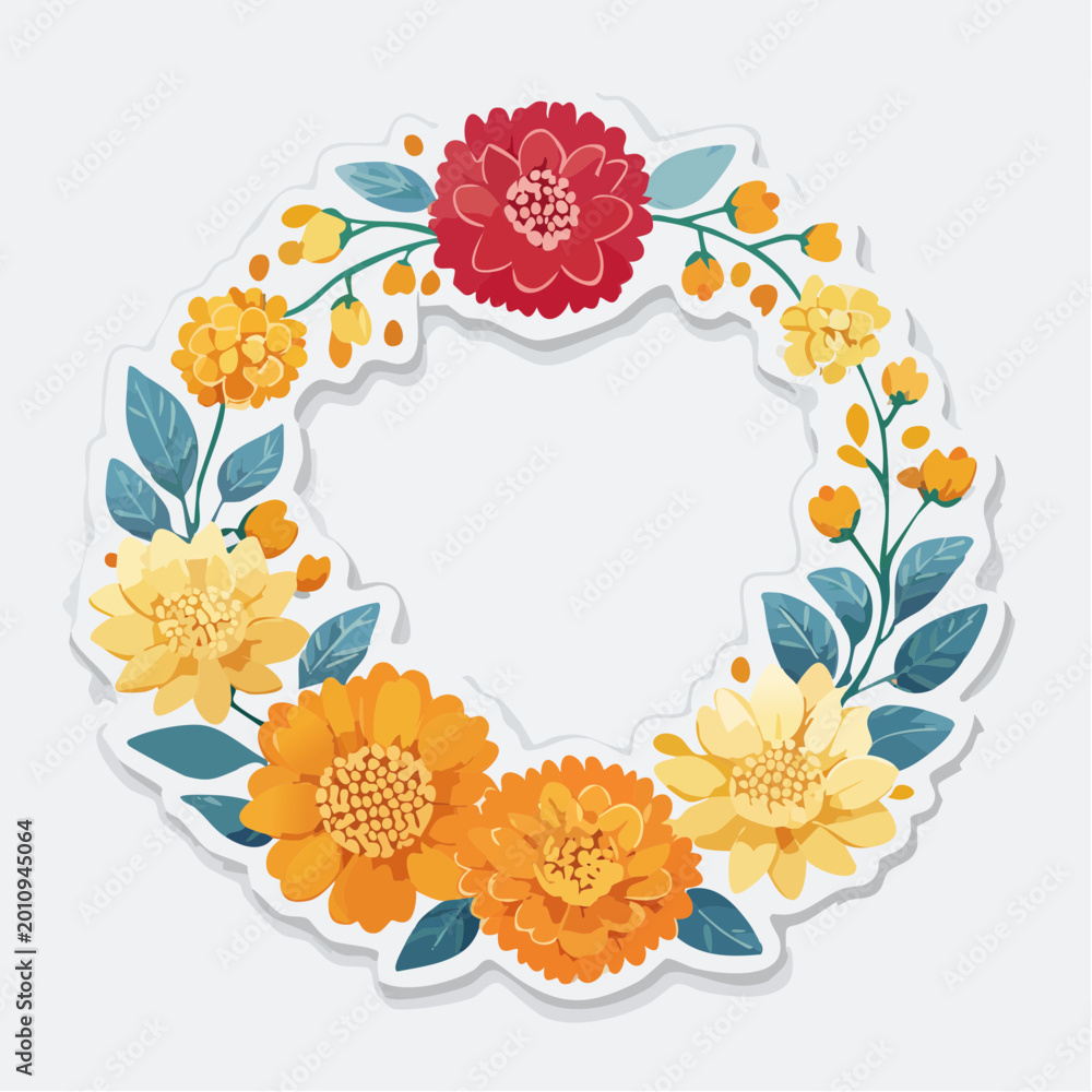 Fototapeta premium Floral Wreath with Yellow and Red Flowers