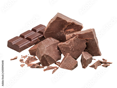 Broken milk chocolate bar pieces and rough chunks, ready for baking or snacking, isolated on transparent background.