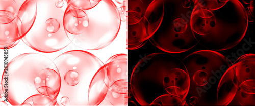 Abstract red bubbles on white and black backgrounds, microscopic blood cells or liquid spheres, biological science texture and medical concept art