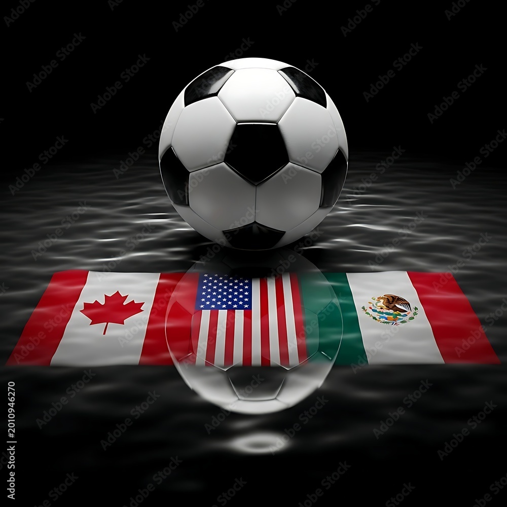 Fototapeta premium Soccer ball on flags of Canada, USA and Mexico, Symbolizing North American football