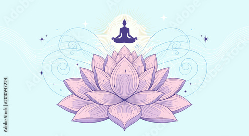 Fotografia Serene illustration of a meditating figure atop a blooming lotus flower, symbolizing peace and spiritual enlightenment