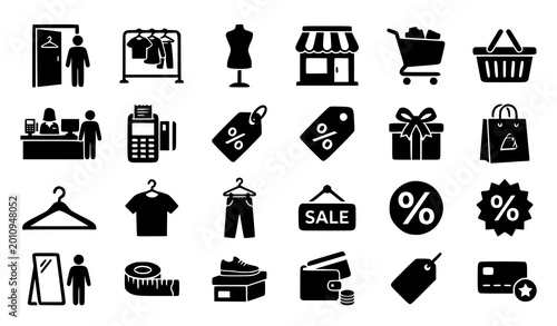 Cuadro en lienzo Shopping and retail silhouette icon set with clothing racks fitting rooms and sa