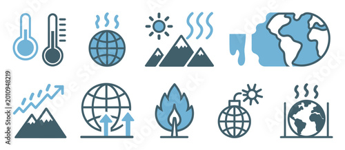 Photos Climate change icon set with global warming symbols, environmental impact and ea