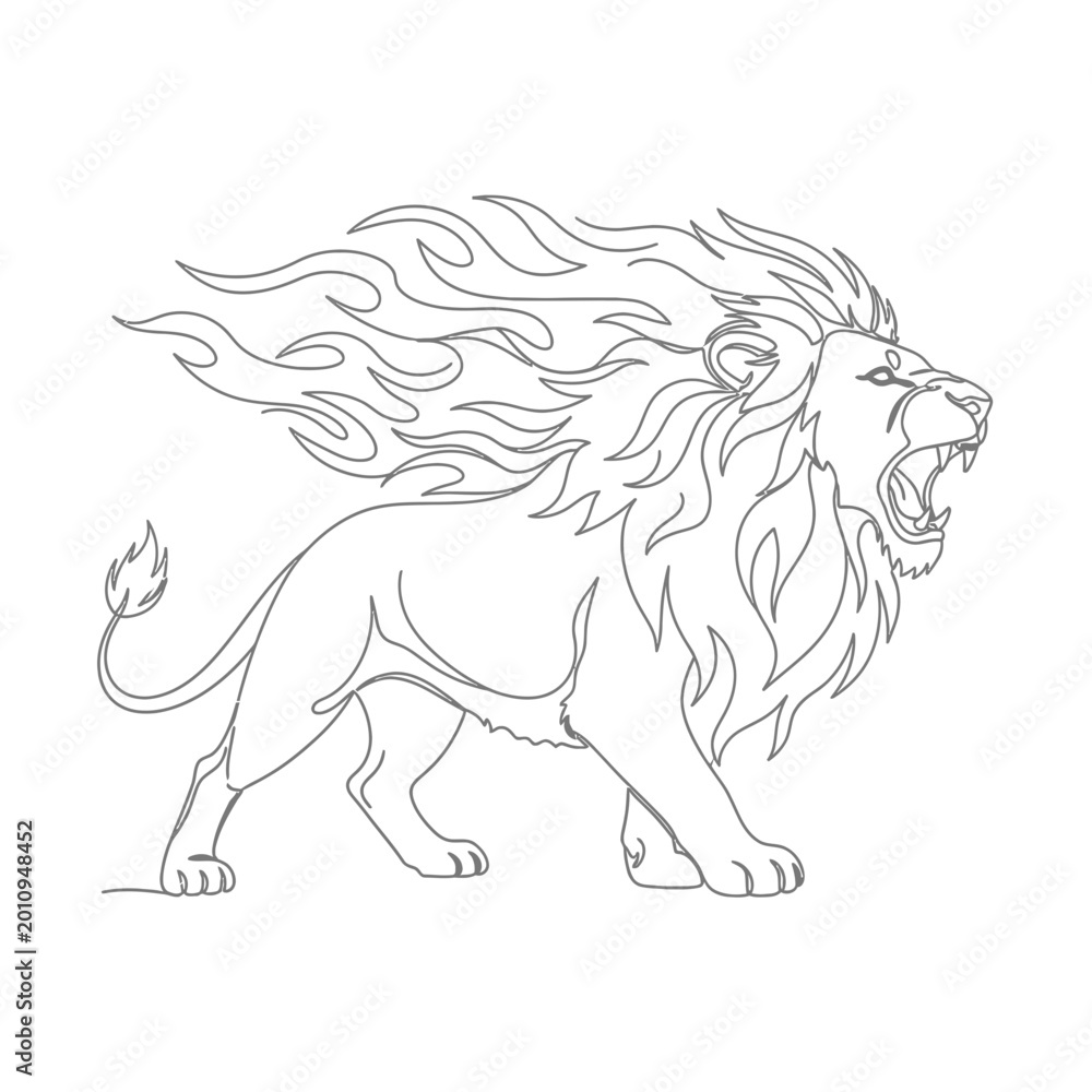 Obraz premium Roaring Lion with Fiery Mane Outline