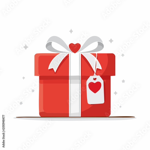 Red Gift Box with White Ribbon and Heart Tag