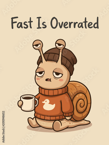 Photos Snail in orange sweater holding coffee.