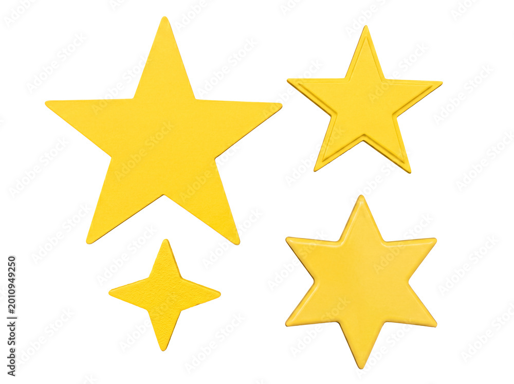 Fototapeta premium Four vibrant yellow star shapes, both five-pointed and six-pointed, rendered in 3D on a transparent background.