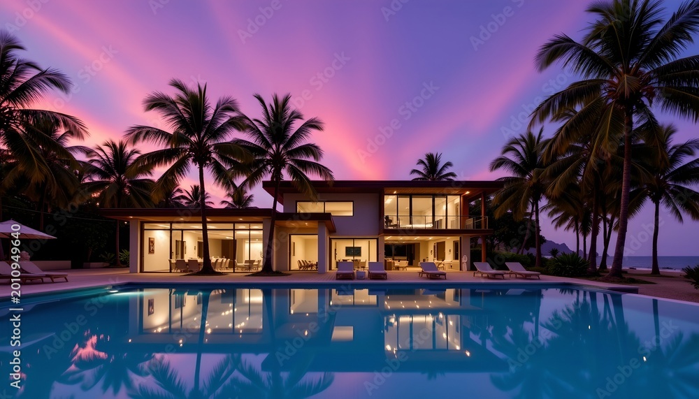 Fototapeta premium Serene Sunset Modern Tropical Beachfront Villa
