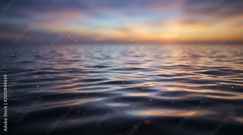 Obraz premium 夕陽と紫の空が反射する幻想的な海の広告用背景｜The fantastical ocean background, reflecting the sunset and purple sky, is perfect for advertising.｜Generative AI