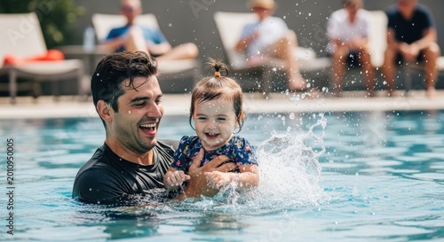 Man playing with baby in swimming pool