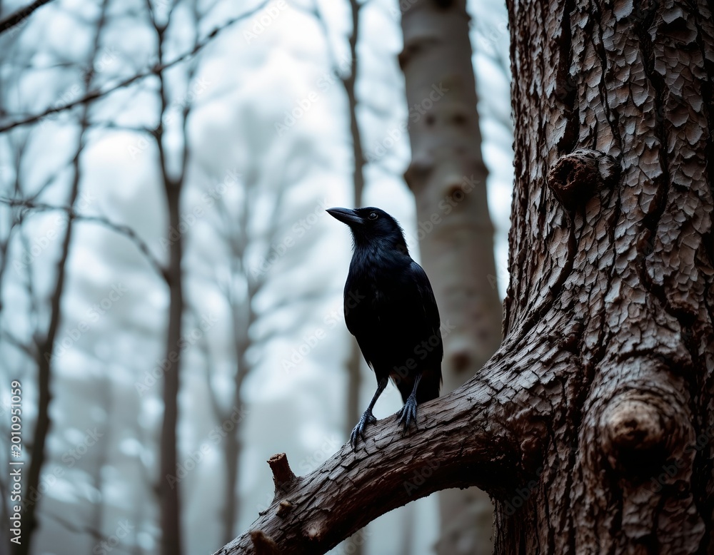 Naklejka premium Solitary Crow Gnarled Branch Moody Forest Scene