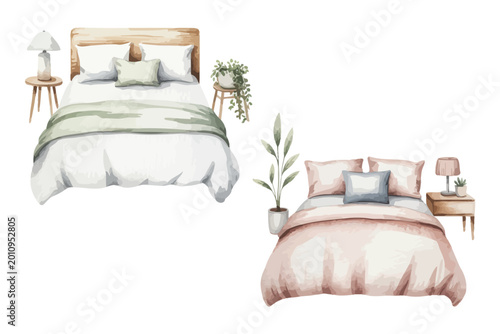Watercolor Minimal Bedroom Design, Scandinavian Style Interior Clipart Isolated on White background