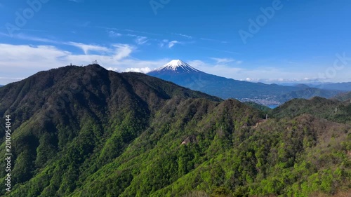 本社ヶ丸から撮影した新緑と富士山の空撮