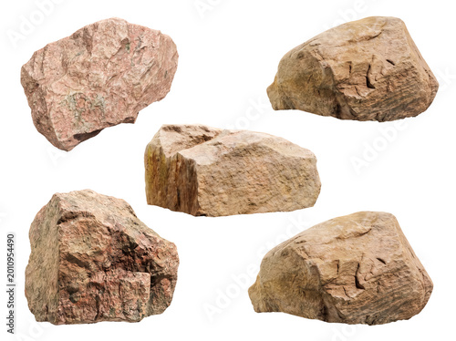 Collection of five realistic natural rocks and stones with diverse textures isolated on transparent background.
