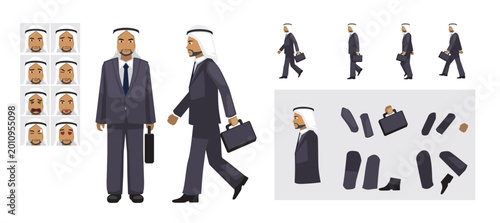 Arab Businessman Front Side Walking Animation Parts Emotions