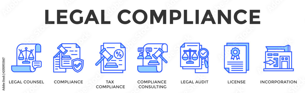 Fototapeta premium Legal Compliance Banner Web Icon Set Collection Pack Vector Illustration Concept Containing Legal Counsel, Compliance, Tax Compliance, Compliance Consulting, Legal Audit, License, Incorporation