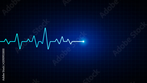 Bild auf Leinwand Electrocardiogram line, EKG heartbeat rhythm display on a medical monitor, illuminated by blue neon light against a dark grid, representing a health concept