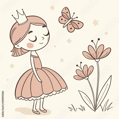 A cute cartoon princess girl in pink dress and crown looking at butterfly