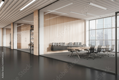 Modern office interior with glass meeting room, contemporary architecture style on bright corporate background showing concept of workspace efficiency, 3D Rendering