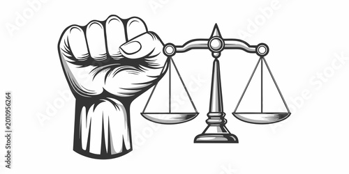 Photos scales of justice held by a clenched fist
