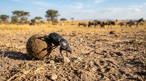 Foto Dung beetle on the ground in African savanna, Tanzania.
