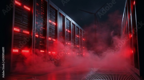 Server room with glowing red lights and smoke, representing data security, technology infrastructure, and potential cyber threats.