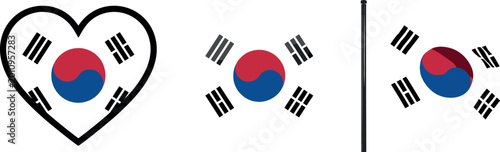 South Korea Flag and Heart Icons Set Featuring the Taegeuk Design for National Pride and Cultural Symbols