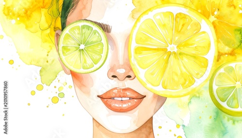 Watercolor illustration of a woman's face with fruit slices over her eyes and a colorful, yellow and green background