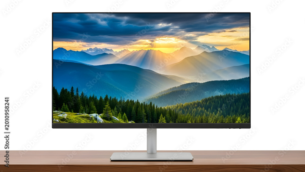 Fototapeta premium A computer monitor displays a serene mountain landscape with trees at sunset.