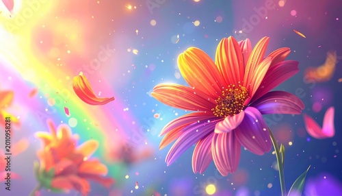 Vibrant pink flower with rainbow background.