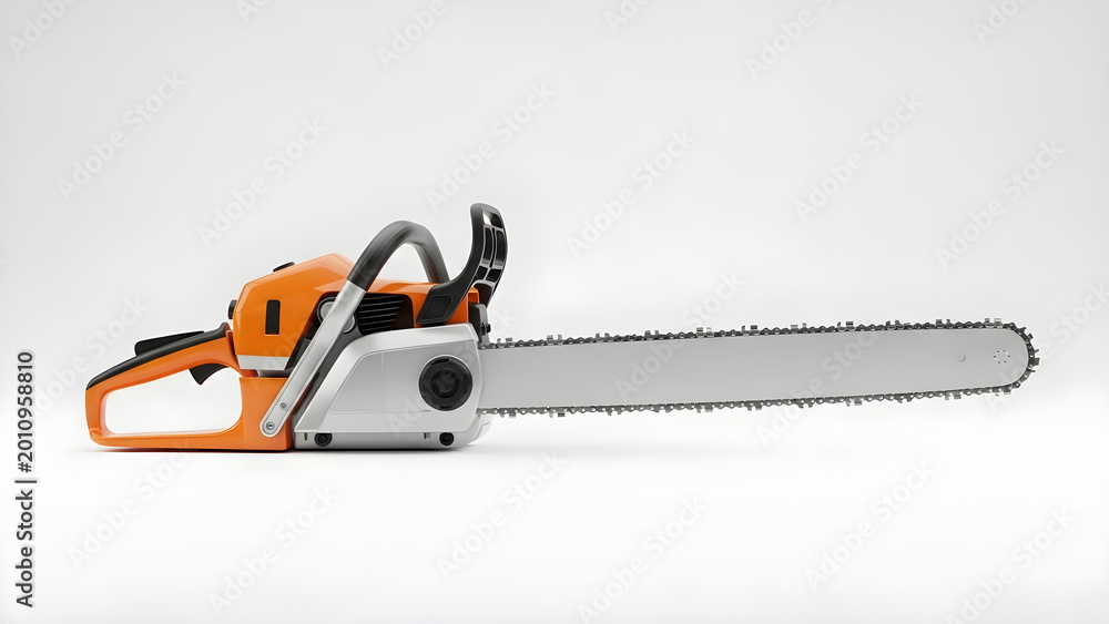 Fototapeta premium A chainsaw with orange and black handles sits on a white surface.