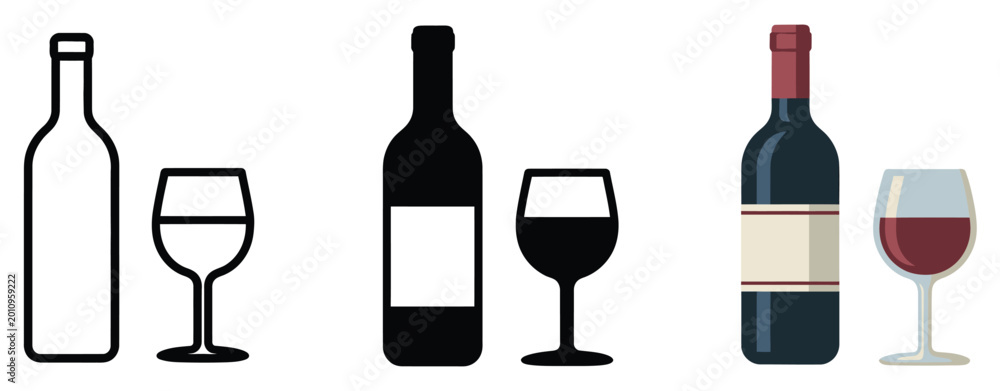 Fototapeta premium Wine, bottle and glass icon set with elegant drink symbols for beverage menu and bar design, vector illustration collection.